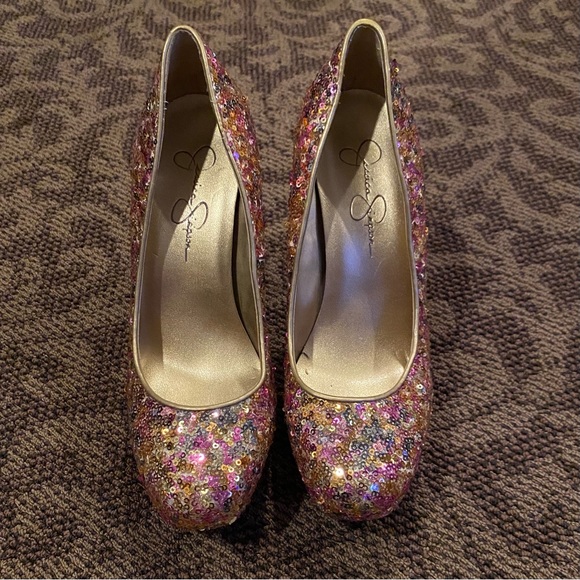 Jessica Simpson Devin 2 Heels Golden Rose Sequin Sparkle Size 7 1/2 - Picture 2 of 13